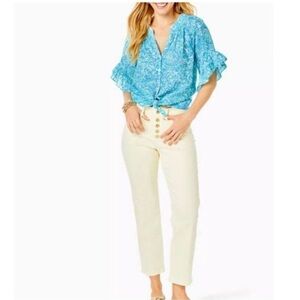 Lilly Pulitzer South Ocean High Rise Straight Leg Jeans, Lemon Meringue, size 12